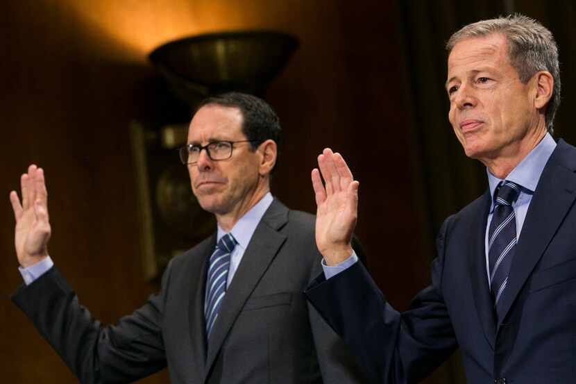 Randall Stephenson, Chairman & CEO of AT&T, left, and Jeffrey Bewkes, Chairman & CEO of Time...