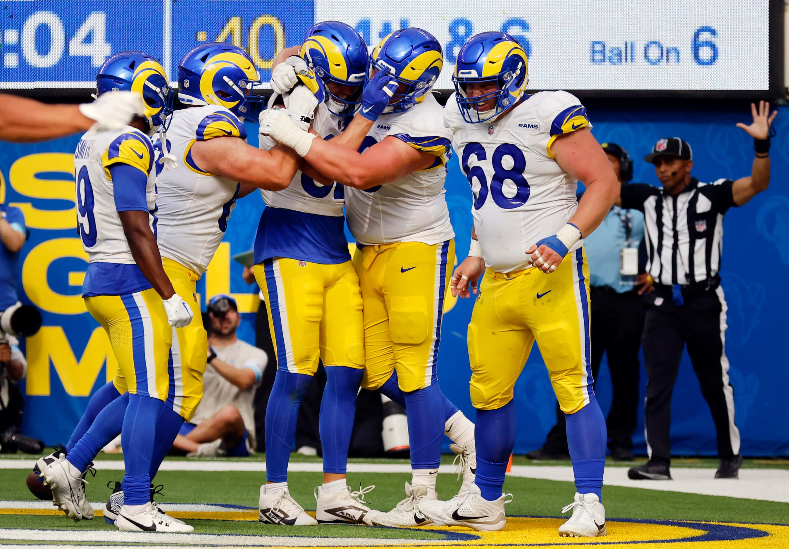 Los Angeles Rams tight end Miller Forristall (82) is congratulated on his game-winning...