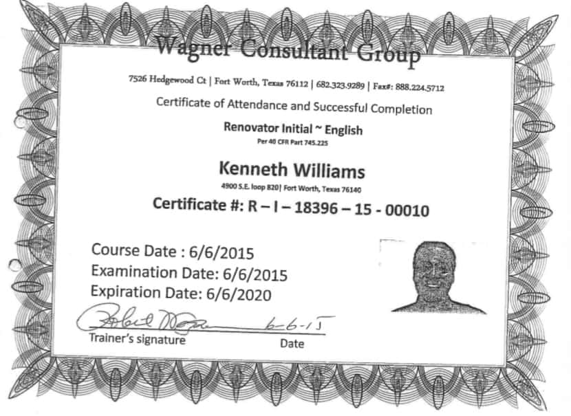 Homebuilder Kenneth Williams included this training certificate in his application to work...