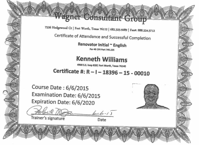 Homebuilder Kenneth Williams included this training certificate in his application to work...