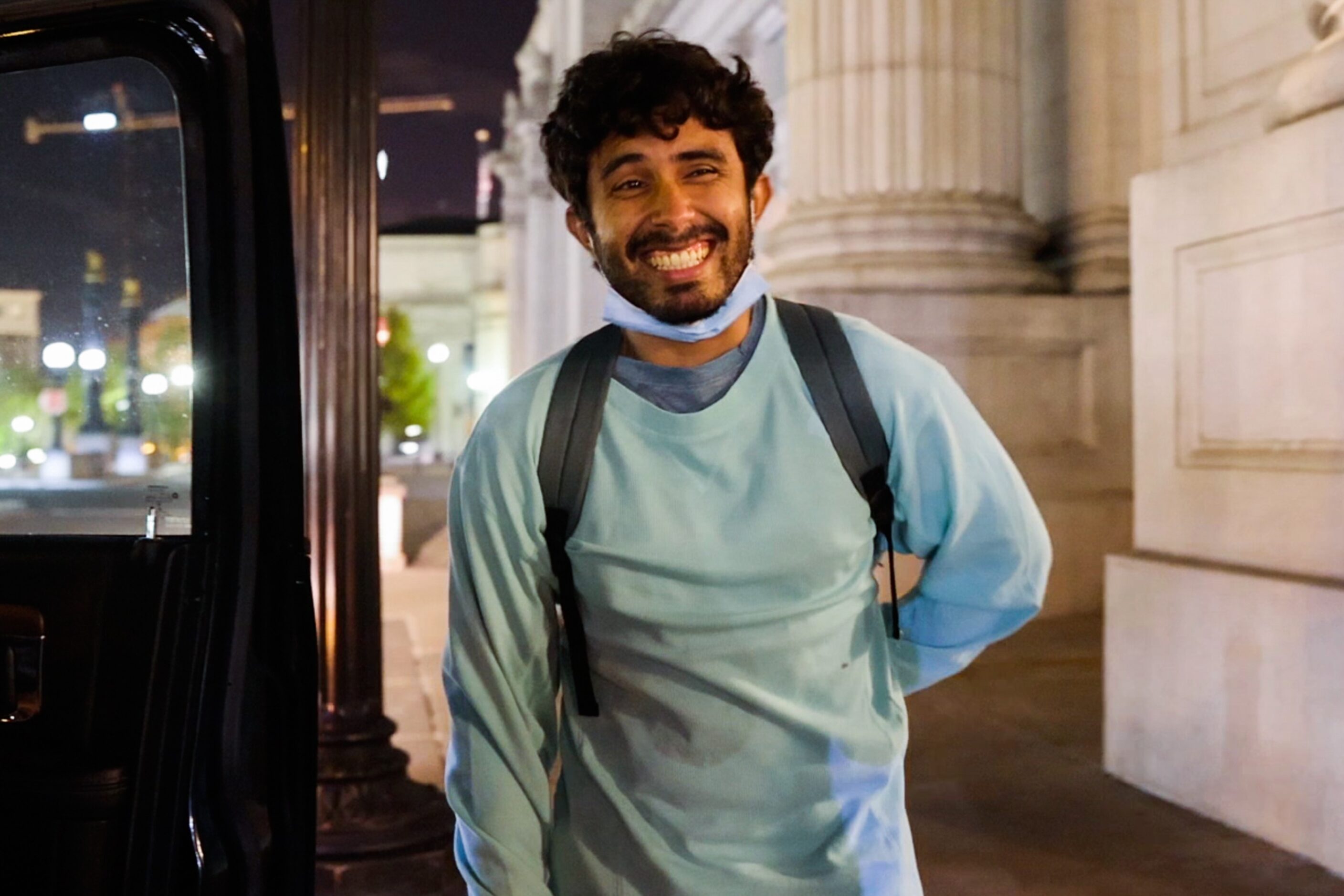 Victor Rodriguez, 26, gives a big smile after he meets his friends Maria and Diego Mena at...