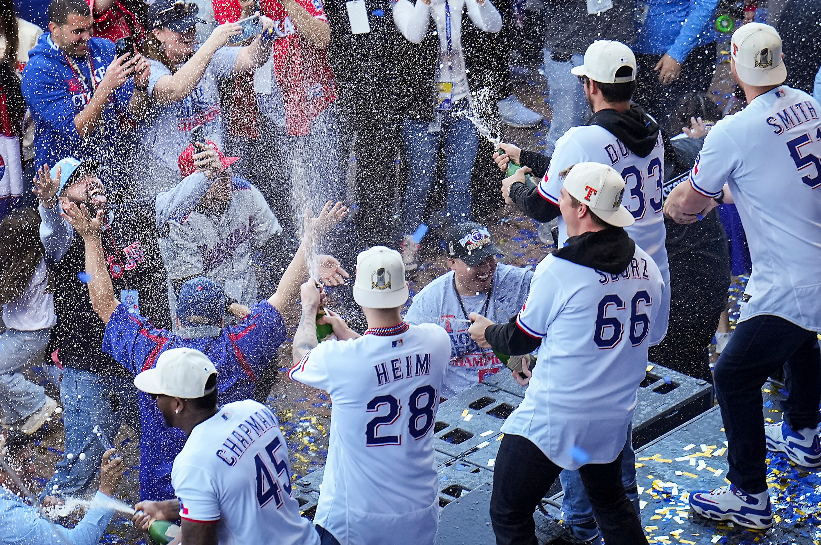 Aroldis Chapman (45), Jonah Heim (28), Josh Sborz (66), Dane Dunning (33) and Will Smith...