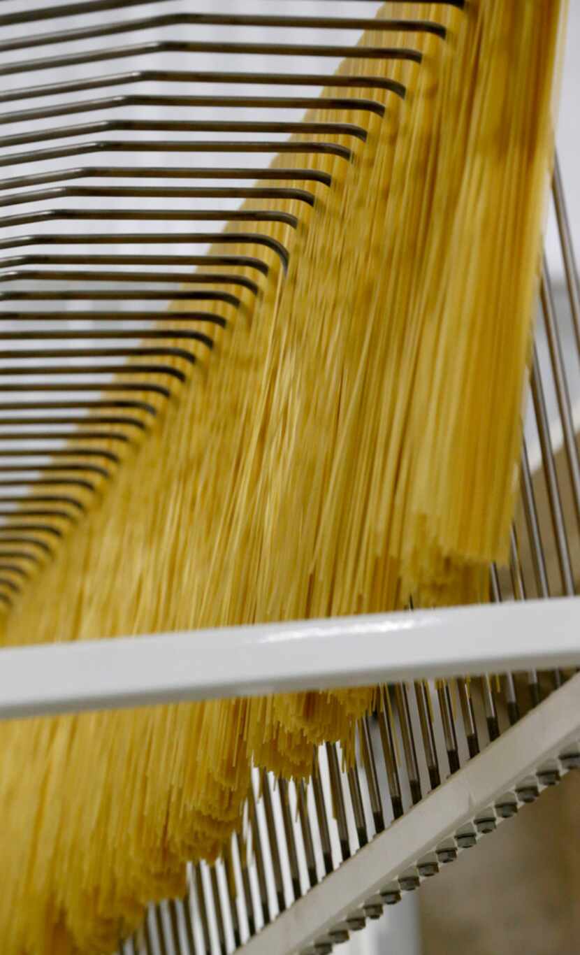 Cooked pasta on an assembly line at La Moderna in Cleburne.