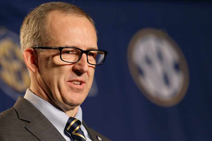 Greg Sankey the commissioner of the SEC talks to the media before the quaterfinals of the...