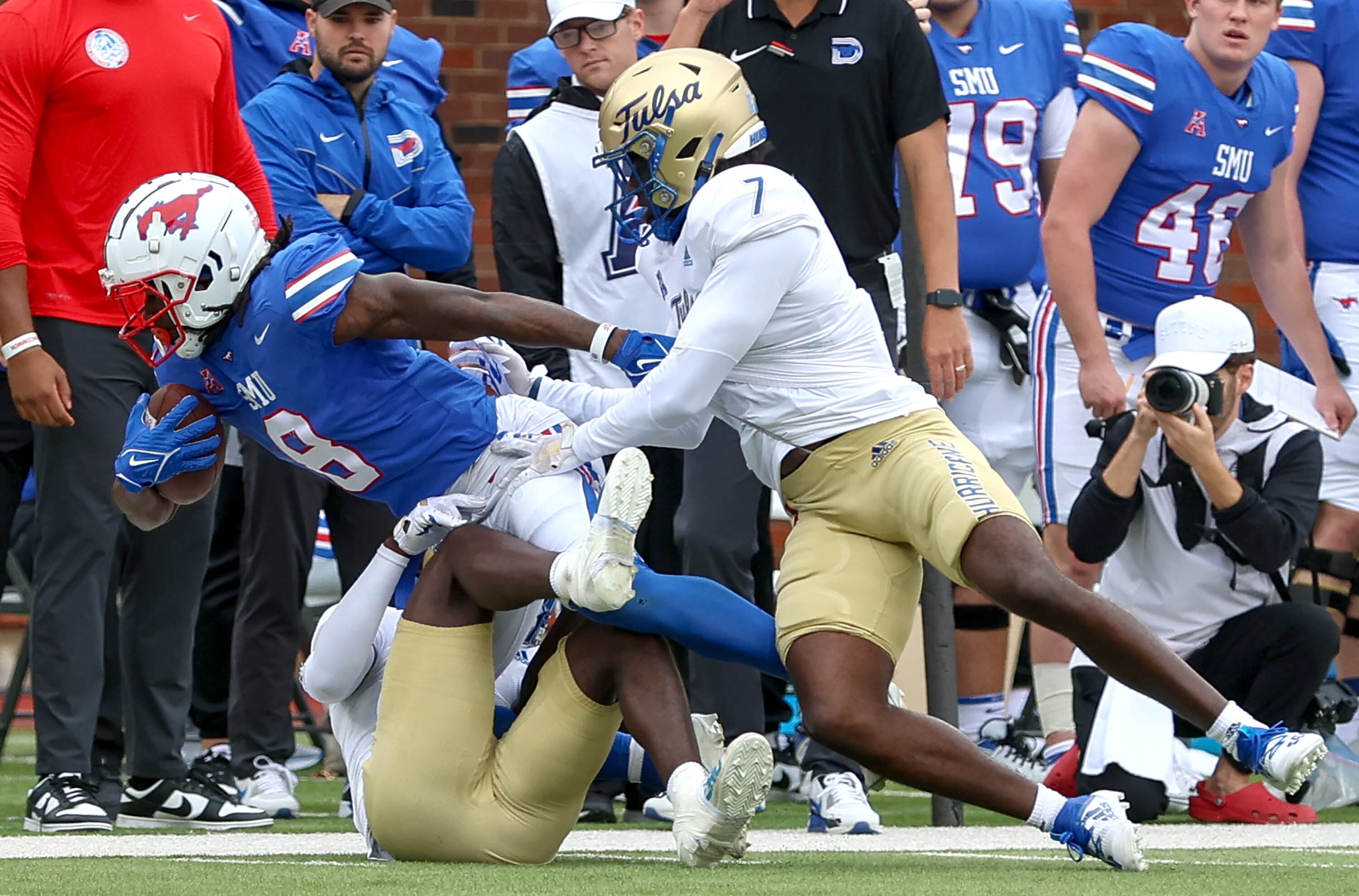 SMU wide receiver Jordan Hudson (8) comes up with a reception against Tulsa during the first...