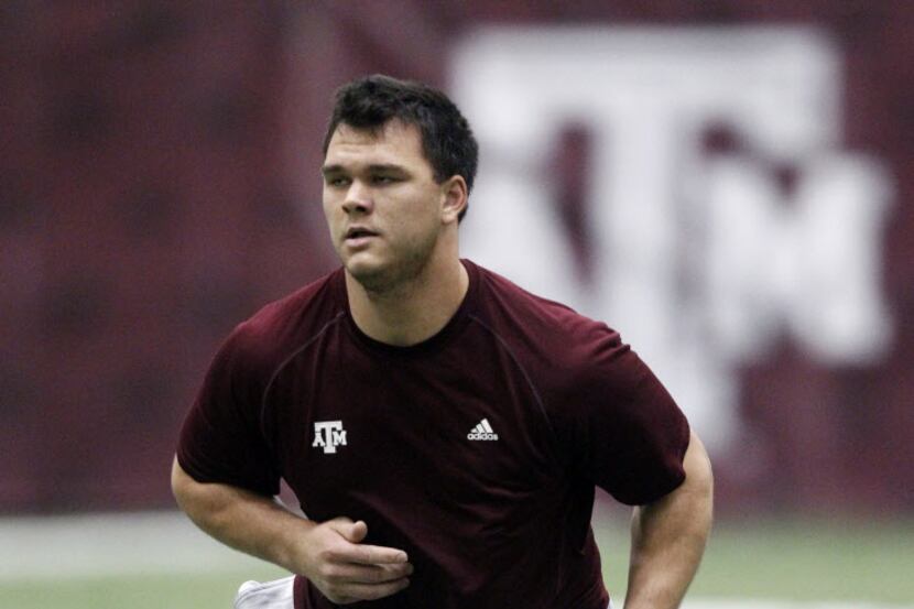 Texas A&M offensive tackle Jake Matthews competes during Texas A&M's pro day held Wednesday,...