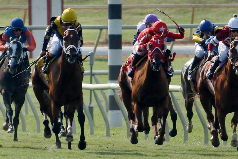 Horses head into the home stretch at the Lone Star Park Turf Stakes in Grand Prairie on May 27.