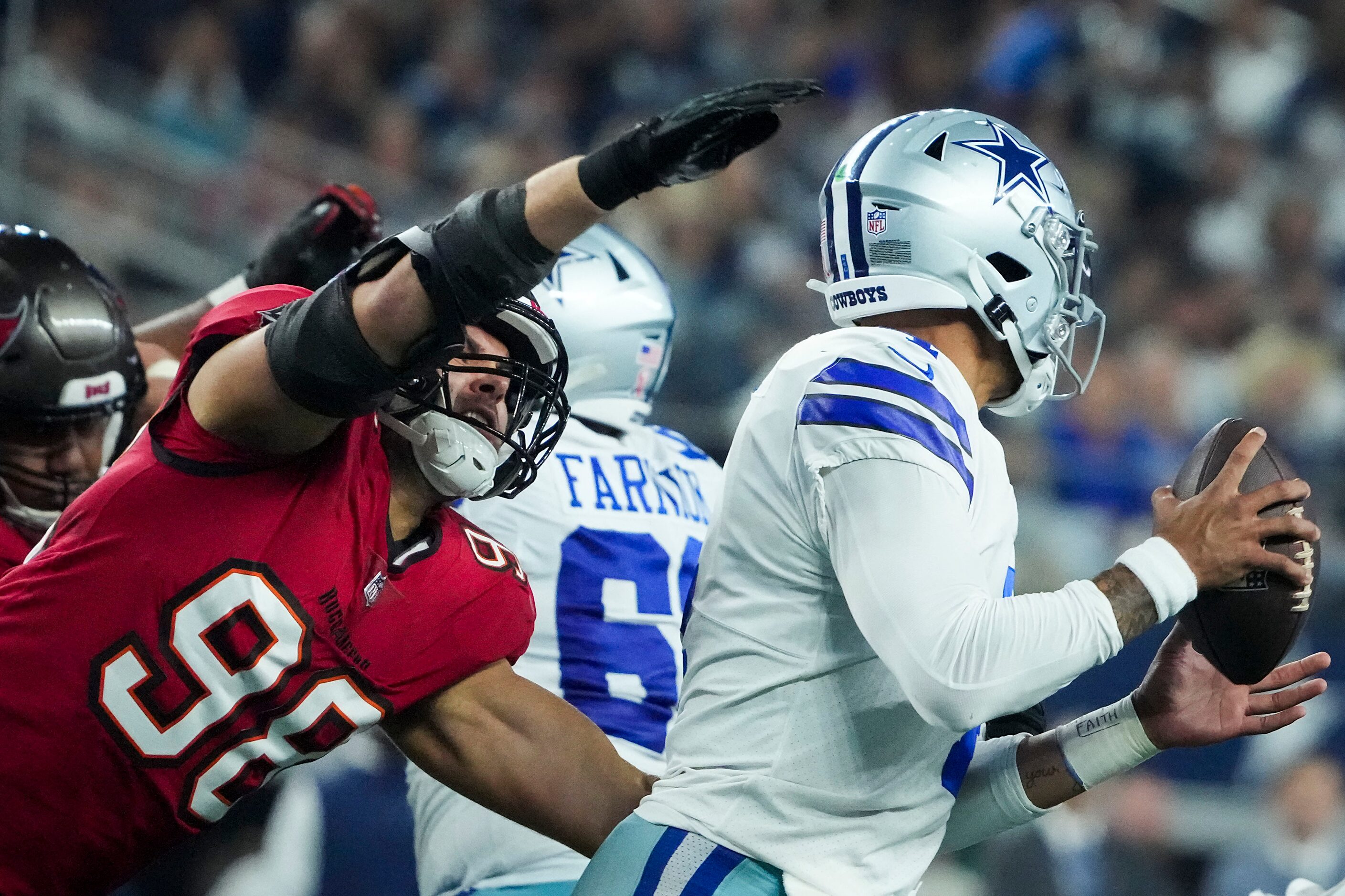 Dallas Cowboys quarterback Dak Prescott (4) is sacked by Tampa Bay Buccaneers linebacker...