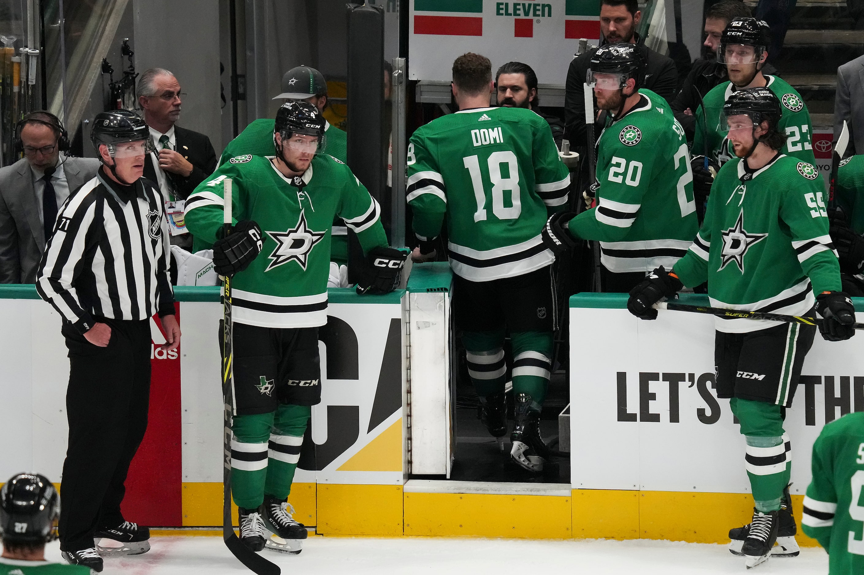 Dallas Stars center Max Domi (18) leaves the ice after receiving multiple penalties during...