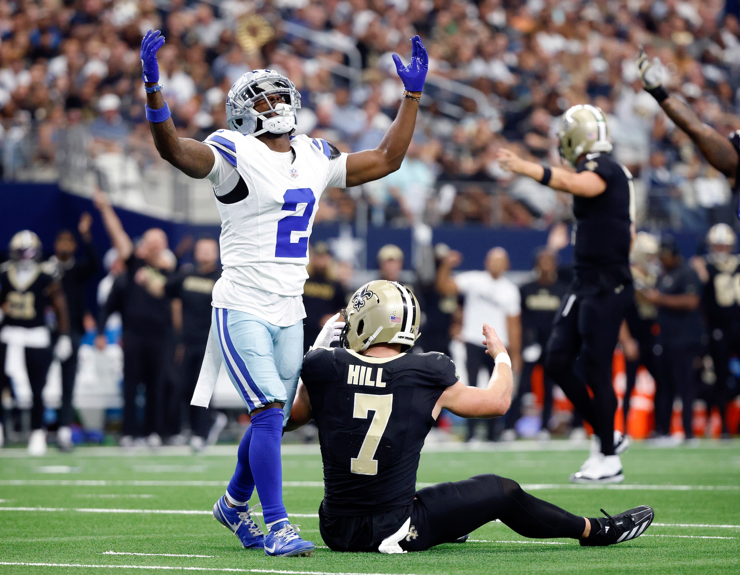 Dallas Cowboys cornerback Jourdan Lewis (2) reacts after being called for pass interference...