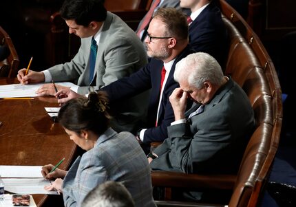 House Majority Whip Tom Emmer, R-Minn., reacts after the Rep. Jim Jordan falls short on a...