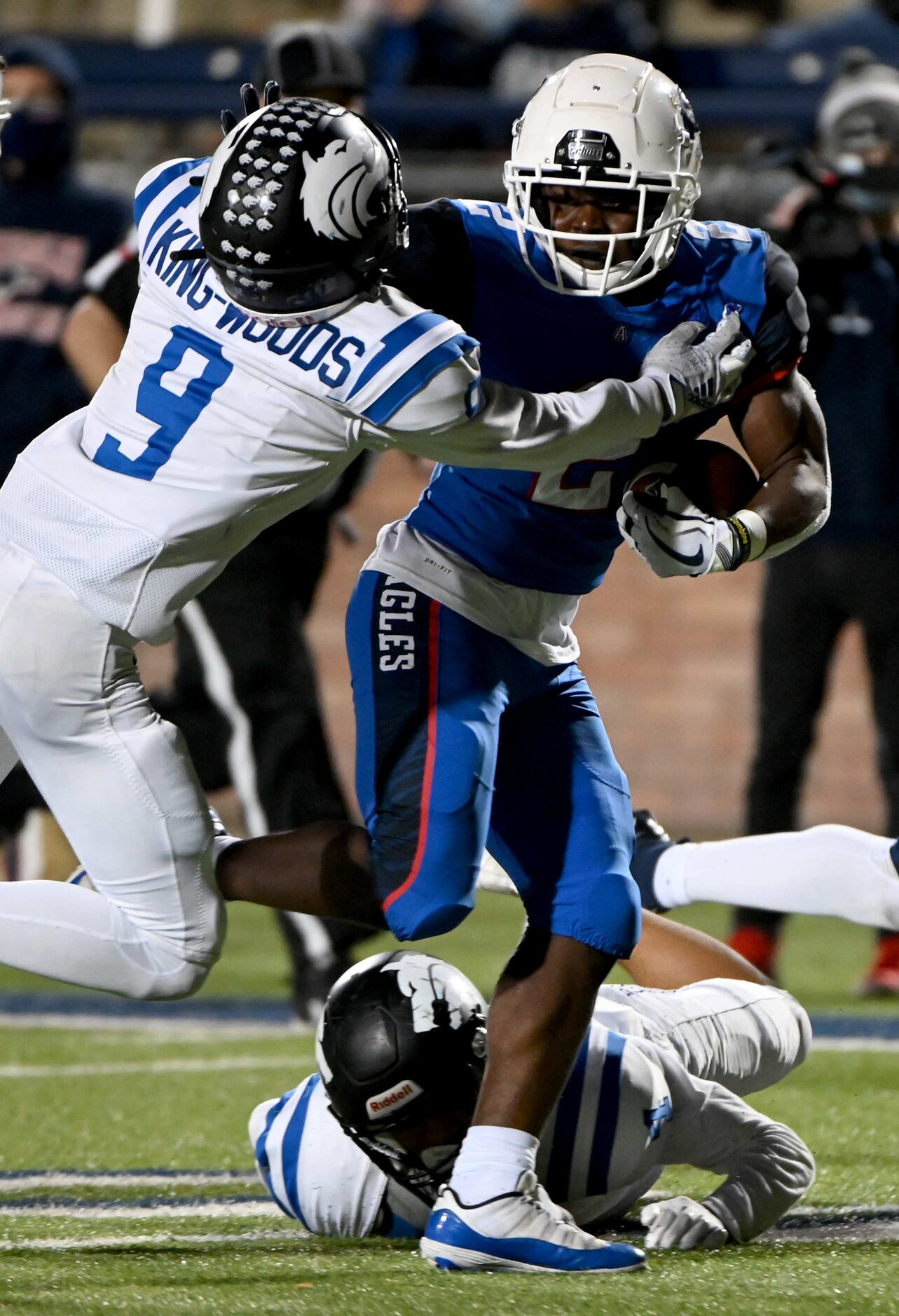 Allen’s Jaylen Jenkins (2) runs through a tackle attempt by Plano West’s Jabrayden...