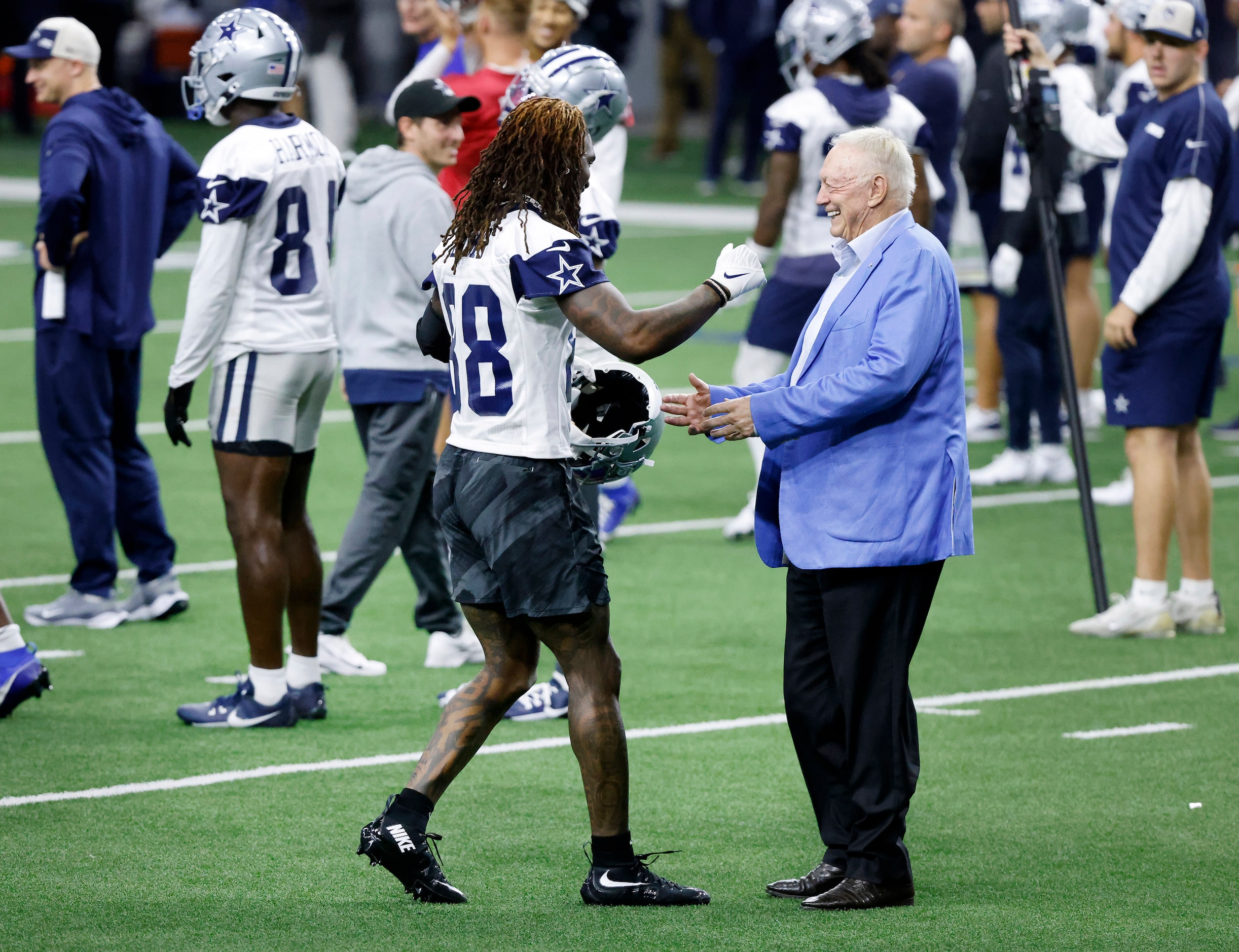 Newly signed Dallas Cowboys wide receiver CeeDee Lamb (88) and owner Jerry Jones greet one...