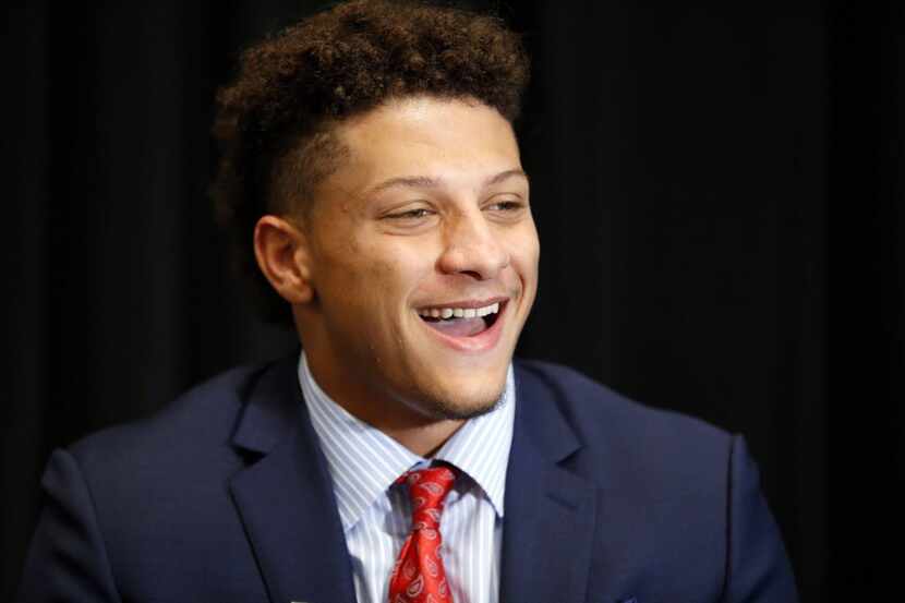 Texas Tech quarterback Patrick Mahomes II laughs during an interview during the Big 12...