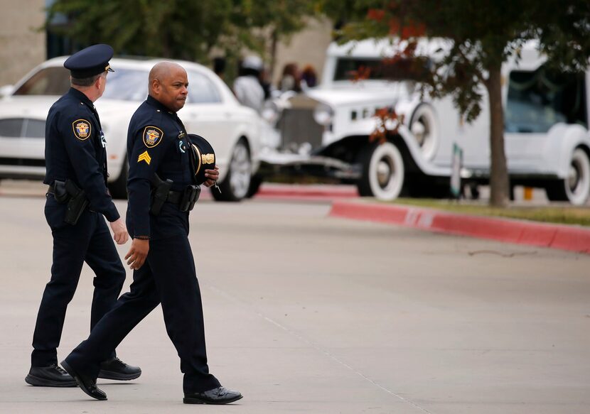 Members of the Fort Worth Police leave the funeral for Atatiana Jefferson at Concord Church...