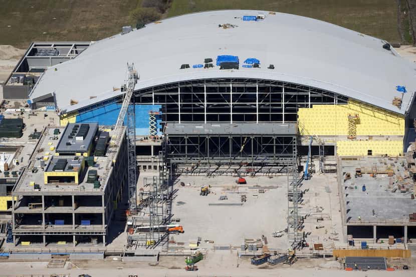 An aerial photograph shows construction to the Dallas Cowboys The Ford Center at The Star...
