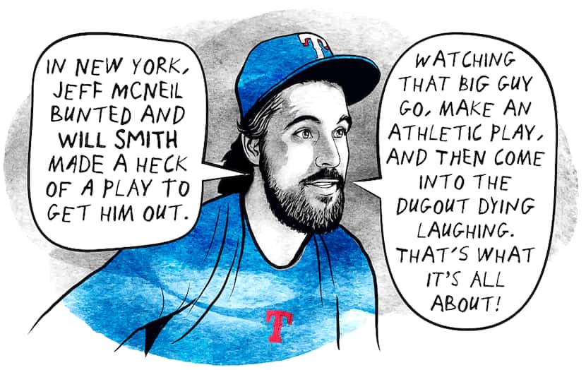 Illustration of Austin Hedges here, with quote:
“In New York, Jeff Mcneil bunted and Will...