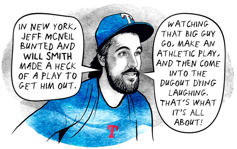 Illustration of Austin Hedges here, with quote:
“In New York, Jeff Mcneil bunted and Will...