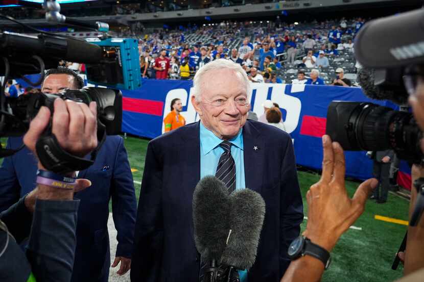 Dallas Cowboys owner and general manager Jerry Jones is interviewed before an NFL football...