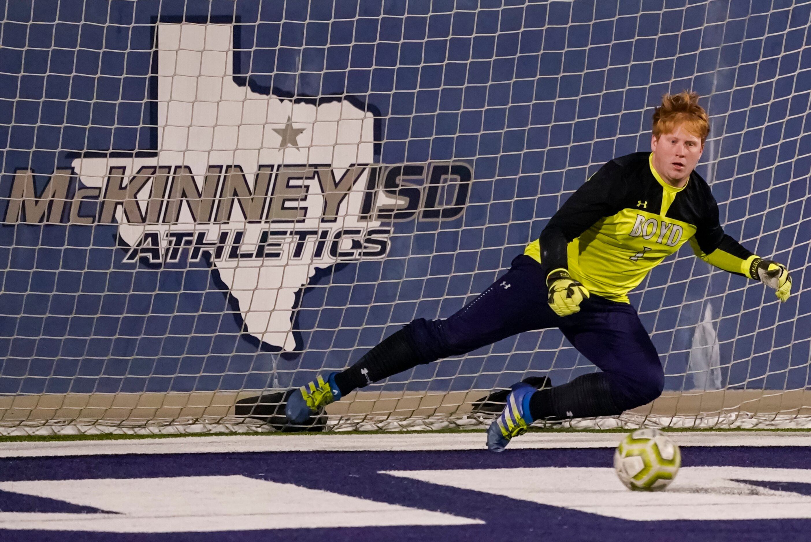 A shot by Jesuit midfielder Sullivan Scott gets past McKinney Boyd goalkeeper Ethan Uribe...