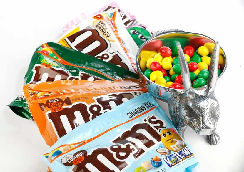 Peanut M&M's Easter candy flavors include, from bottom, Thai Coconut, English Toffee,...