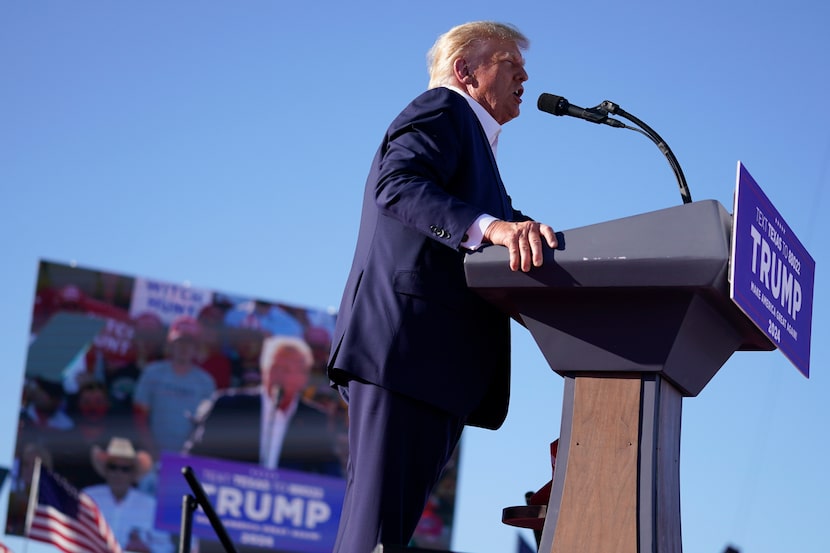 Former President Donald Trump speaks at a campaign rally at Waco Regional Airport.