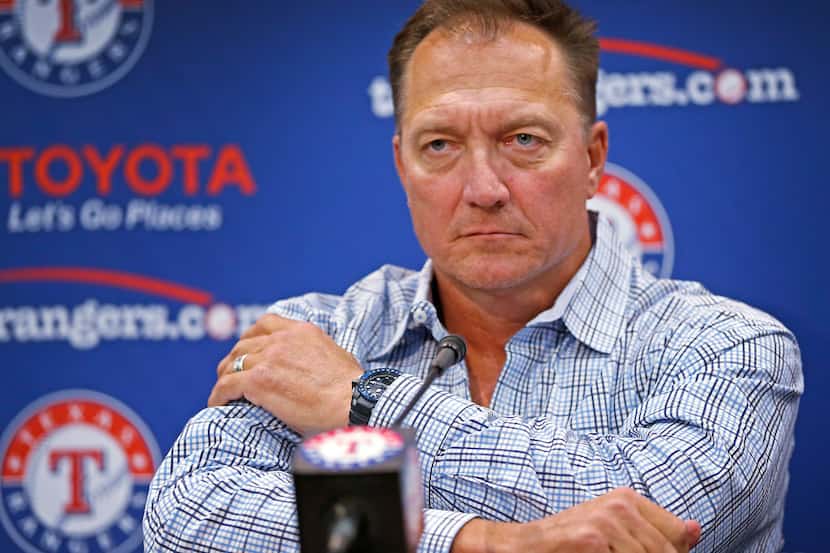Texas Rangers Manager Jeff Banister answers questions during a press conference at Globe...