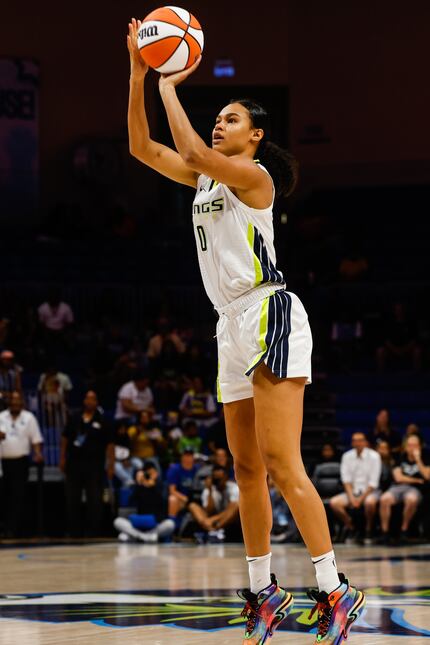 Dallas Wings forward Satou Sabally (0) shoots a 3-pointer during the first quarter at the...