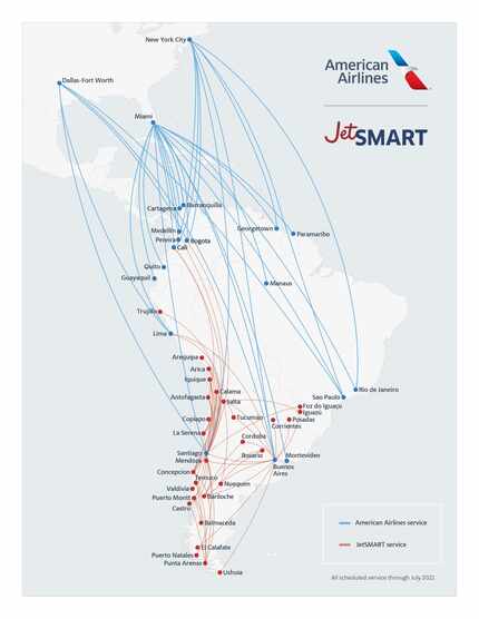 The proposed route map and network with the proposed partnership between American Airlines...