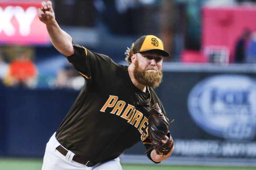 San Diego Padres starting pitcher Andrew Cashner works against the San Francisco Giants...