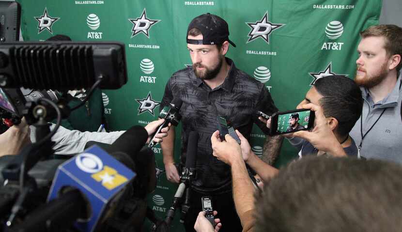 Dallas Stars left wing Jamie Benn anwers questions for the media at the Dallas Stars...
