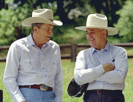 After they both were out of office, Ronald Reagan hosted Mikhail Gorbachev at his Rancho del...