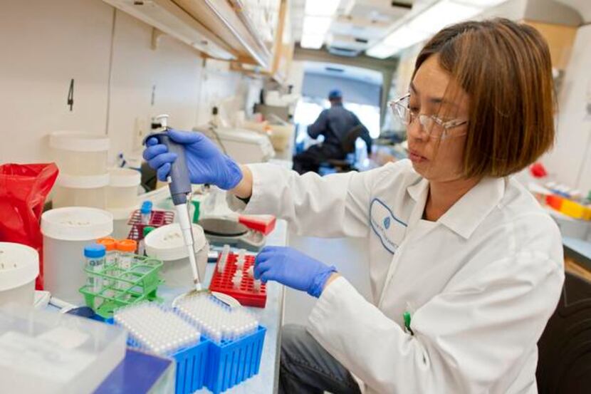
Karen Xu, senior scientist at Synthetic Genomics, works on a DNA sequencing project in a...