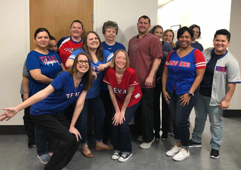 The Key-Whitman bookkeeping staff won a pizza party after every staffer wore a Rangers shirt...