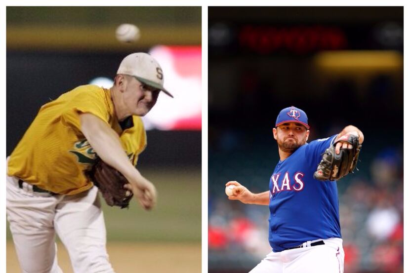 At left, Preston Claiborne at Carrollton Newman Smith. At right, pitching for the Rangers in...