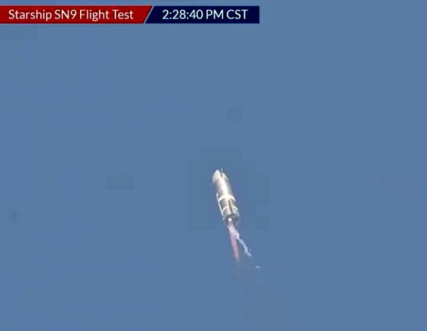 This still image taken from a Space X video shows the Starship SN9 launch as the company...