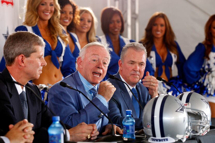 Dallas Cowboys owner/general manager Jerry Jones, addresses the crowd assembled for a press...