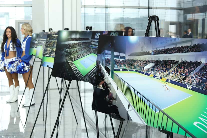 Some digital renderings sit on display during a Dallas Open ATP tennis tournament media...