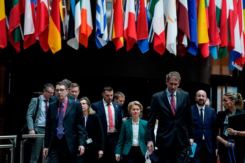 EU President of Council Charles Michel (second from right) and European Commission President...