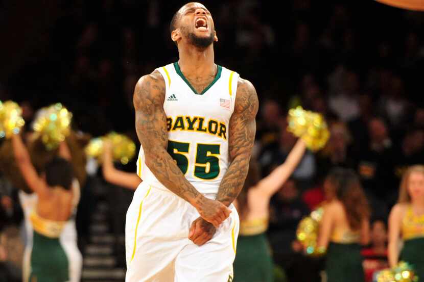 Apr 2, 2013; New York, NY, USA; Baylor Bears player Pierre Jackson (55) reacts after making...