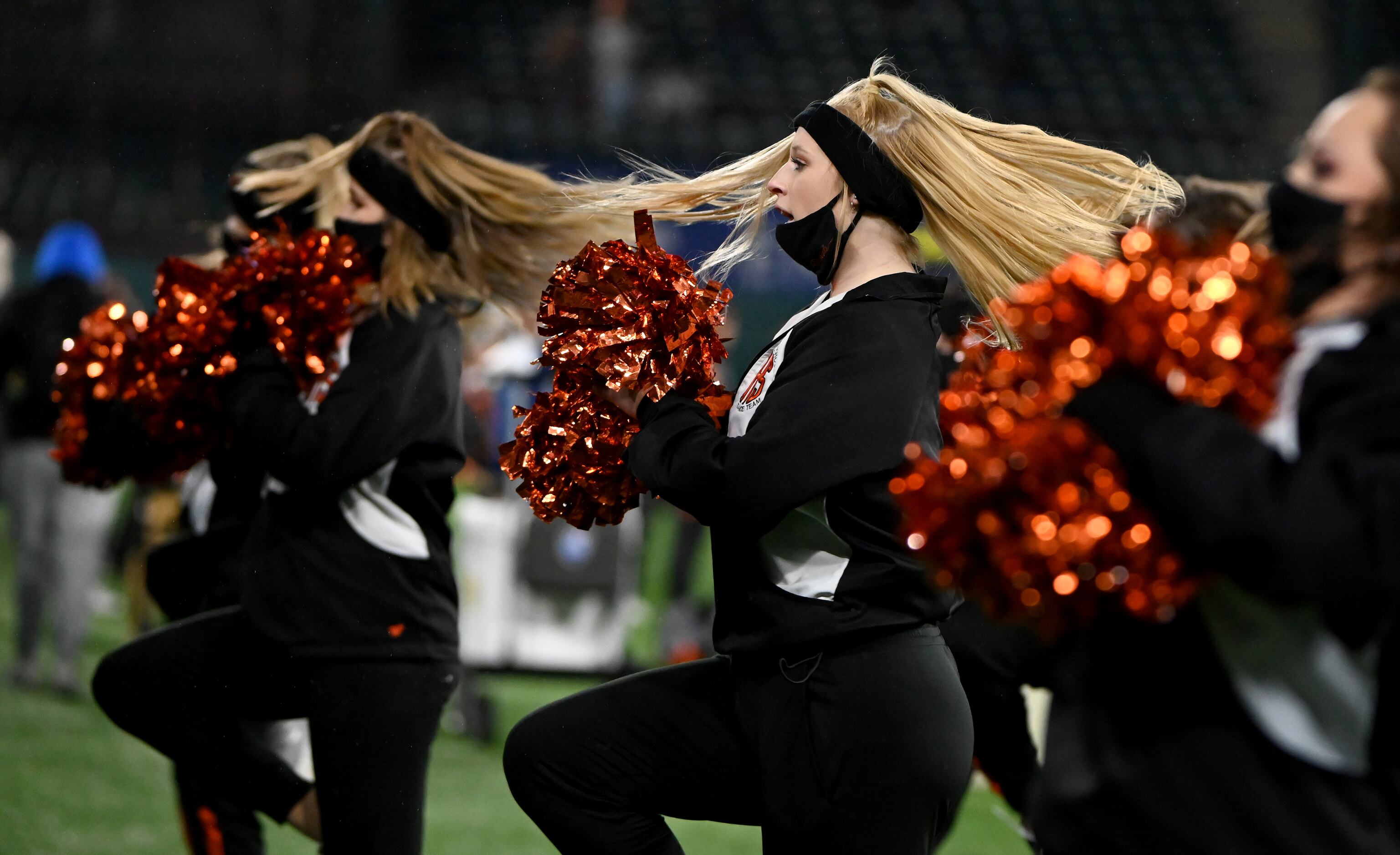Aledo cheerleaders perform in the first quarter of the Class 5A Division II Region II final...