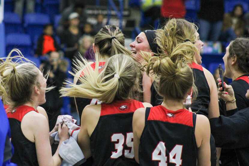 Argyle celebrates its 34-32 win over Canyon in a Region I-3A semifinal girls basketball game...
