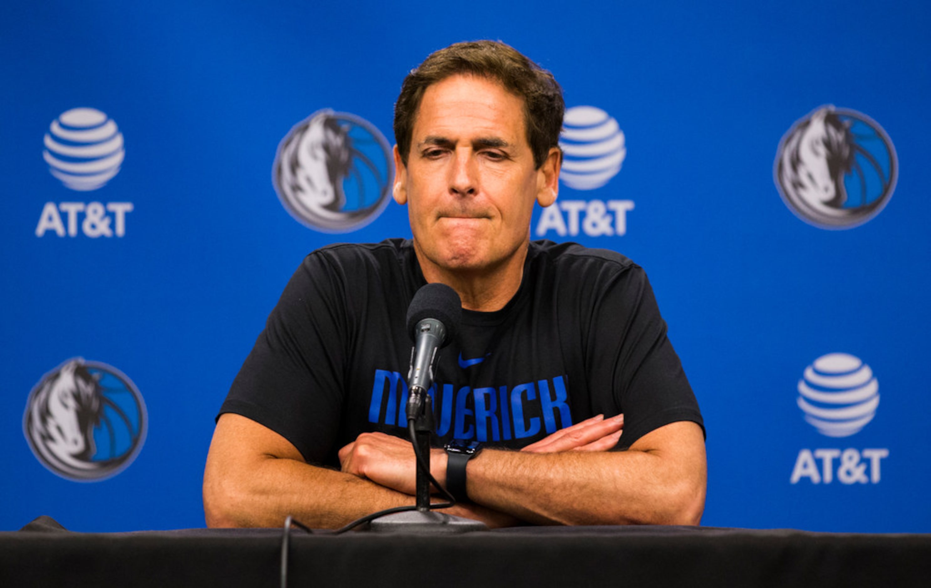 Dallas Mavericks owner Mark Cuban speaks to reporters after the Dallas Mavericks beat the...