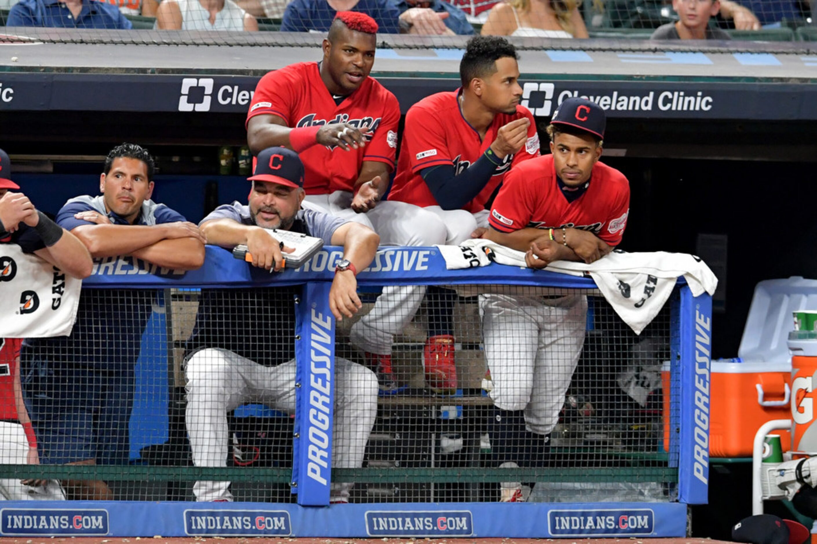 CLEVELAND, OHIO - AUGUST 05: Yasiel Puig #66, Oscar Mercado #35 and Francisco Lindor #12 of...