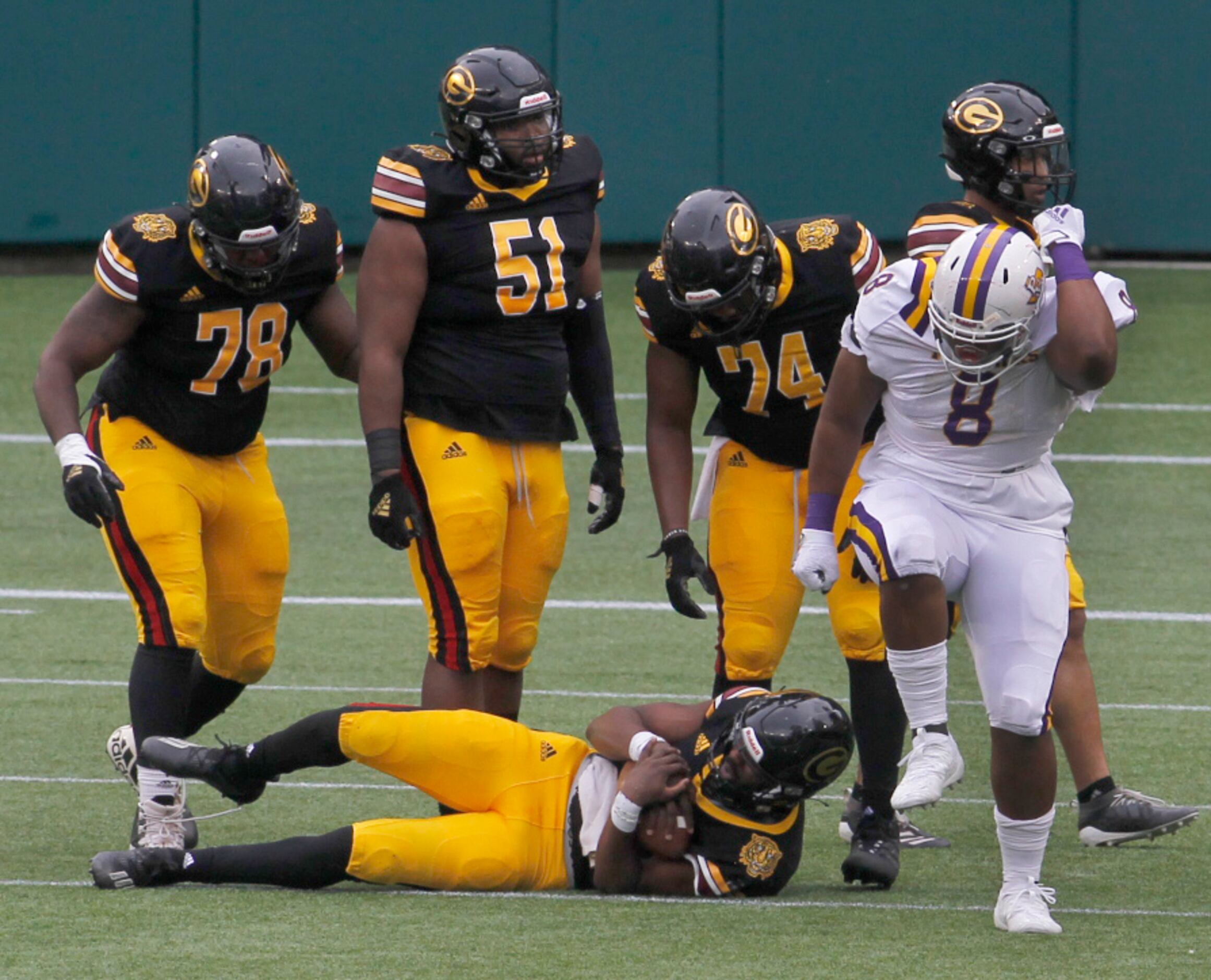Prairie View A&M's Troy James (8) breaks into an impromptu dance as he celebrates a sack of...