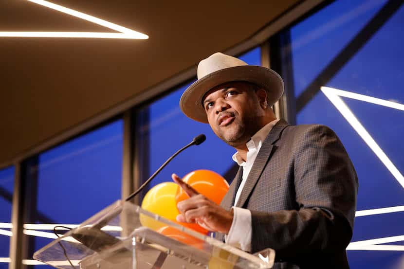 Dallas Mayor Eric Johnson speaks during an election night party at Reunion Tower Saturday,...