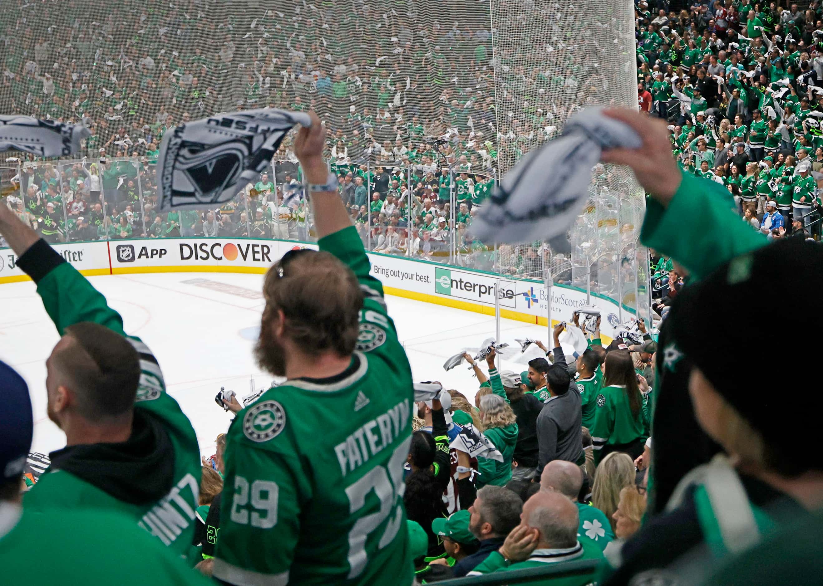 Dallas Stars fans wave towels during the third period in Game 2 of an NHL hockey Stanley Cup...