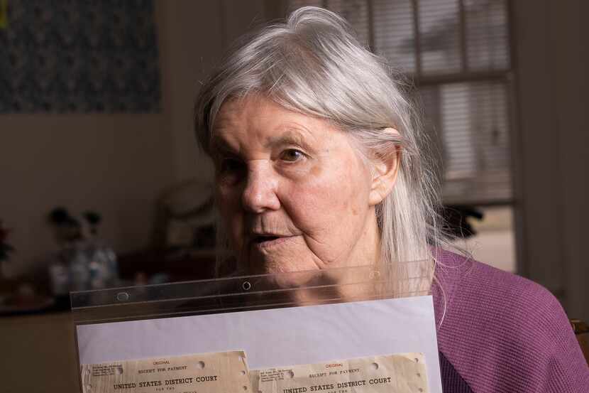 Linda Coffee holds her filing receipts for Roe vs. Wade and Doe vs. Wade at Coffee’s home on...
