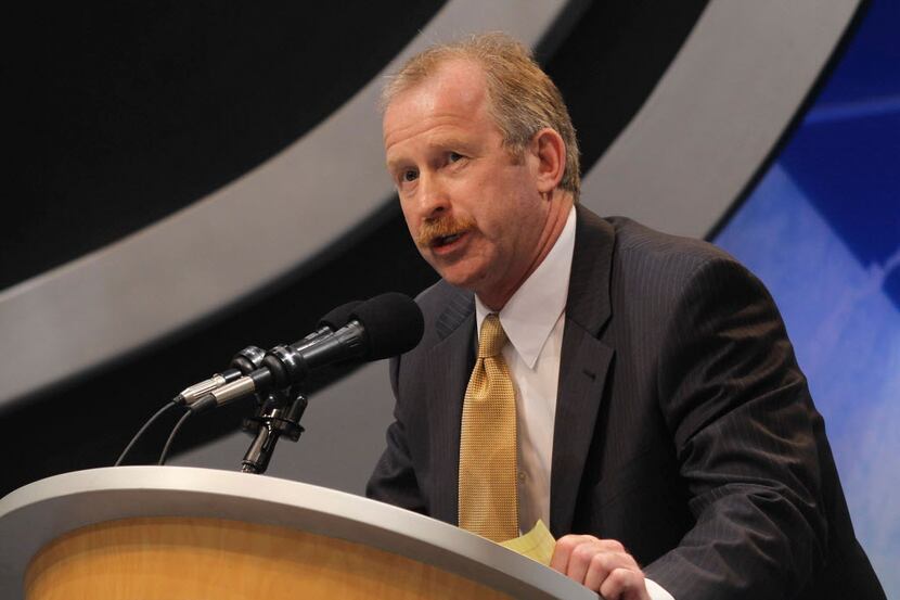 Current Dallas Stars GM Jim Nill, formerly of the Detroit Red Wings, works the draft floor...