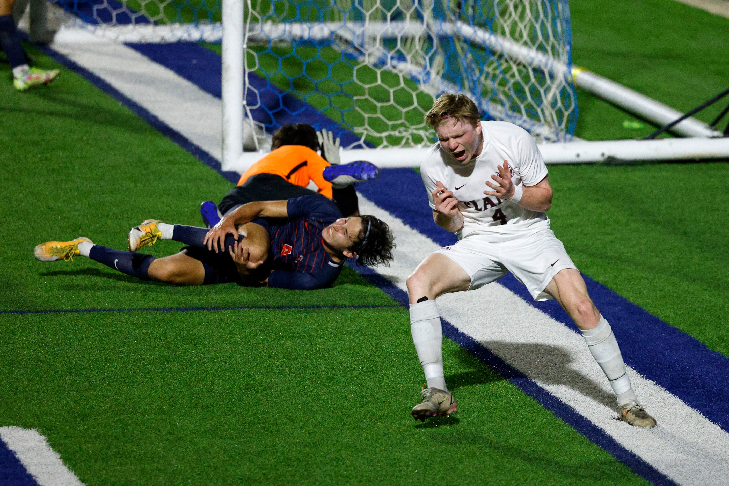 Plano midfielder Steven Wood (4) reacts after missing a shot attempt during the second half...